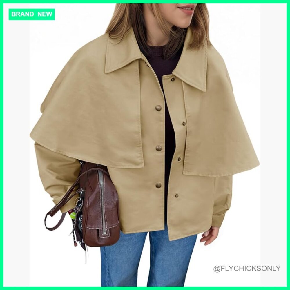 Polyester Cropped Trench Coat with Cape Sleeves and Button Closure - Picture 1 of 6